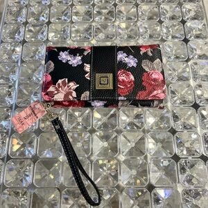 STONE MOUNTAIN Black/Multicolor Floral Print Bonded Leather Wristlet Wallet NWT